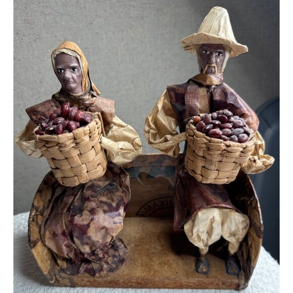 Village Workers Mexican Folk Art Figurines Baskets Of Harvest Beans Paper Mache - Picture 1 of 16